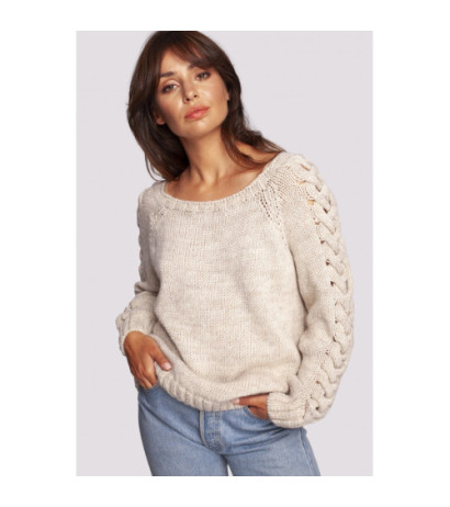 BK090 Sweater with wide neckline and braided sleeves - beige