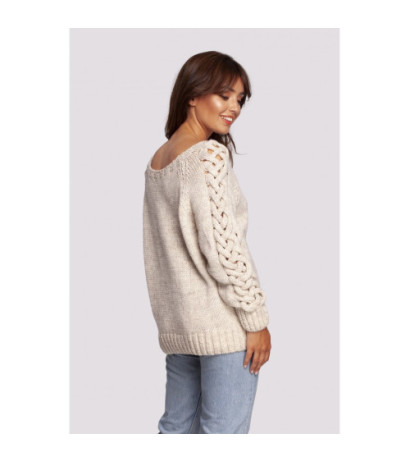 BK090 Sweater with wide neckline and braided sleeves - beige