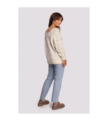 BK090 Sweater with wide neckline and braided sleeves - beige