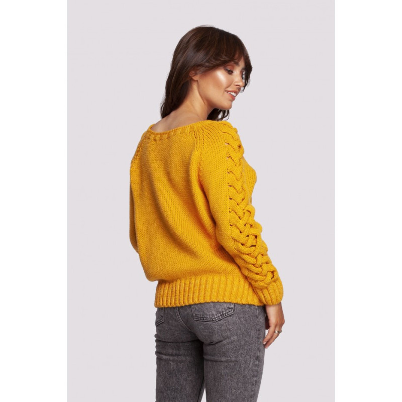 BK090 Sweater with wide neckline and plaid on sleeves - honey