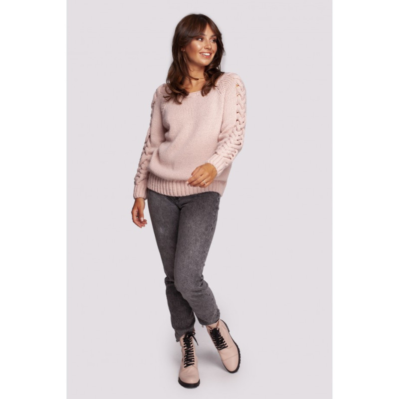 BK090 Sweater with wide neckline and braided sleeves - pink