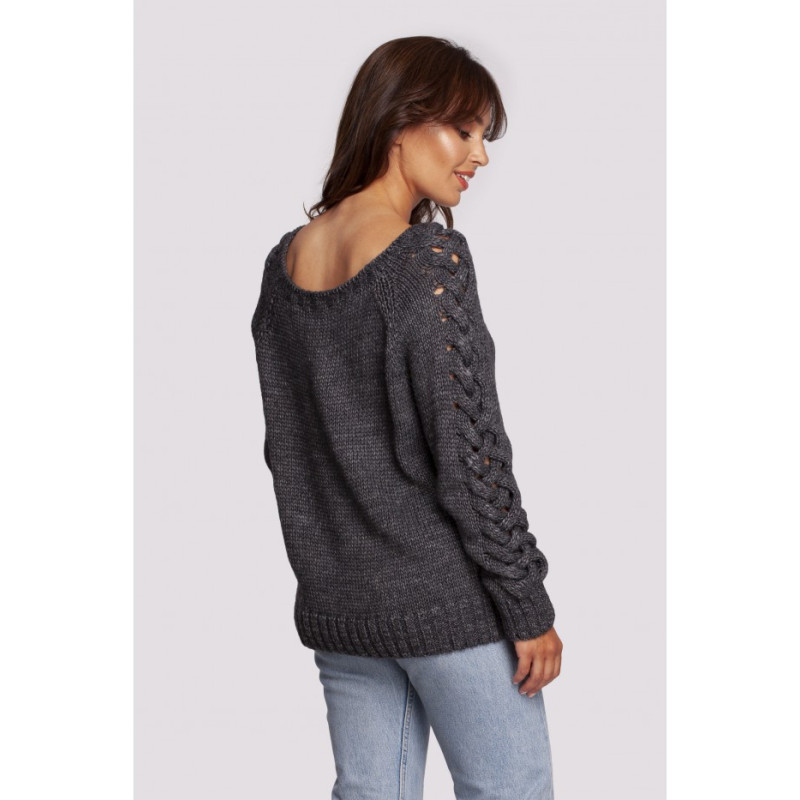 BK090 Sweater with wide neckline and braided sleeves - gray