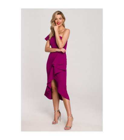 K146 One shoulder dress with ruffle - ruby