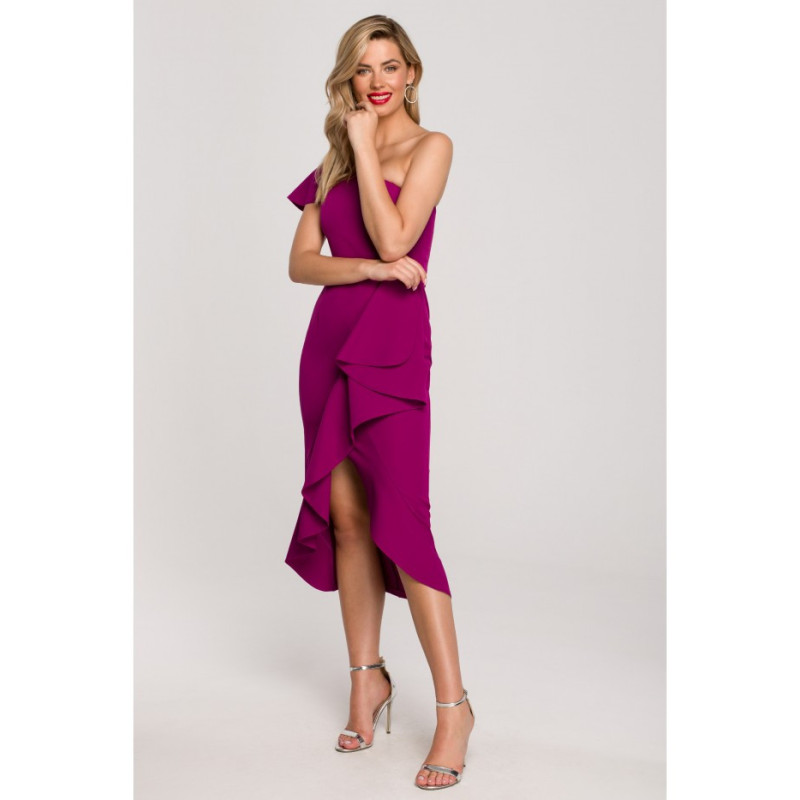 K146 One shoulder dress with ruffle - ruby