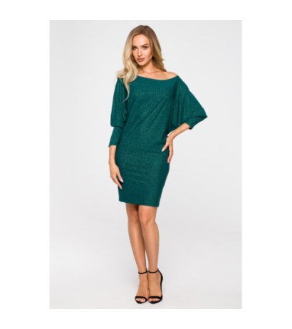 M723 Dress with neckline falling over the shoulder - emerald