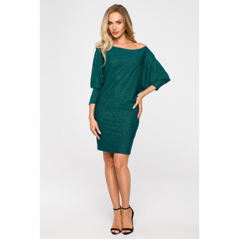 M723 Dress with neckline falling over the shoulder - emerald