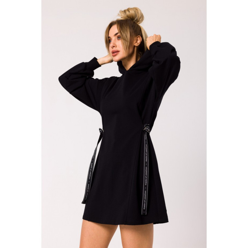 M730 Dress with hood and waistband piping - black