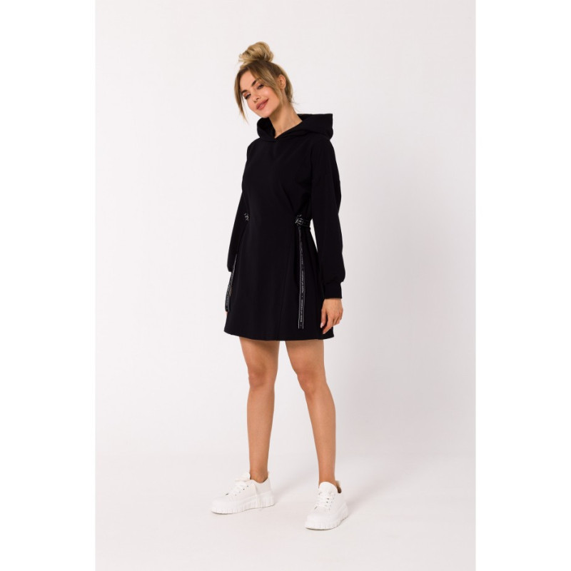 M730 Dress with hood and waistband piping - black