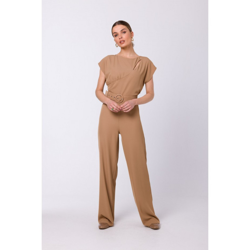 S339 Jumpsuit with slit in neckline - beige