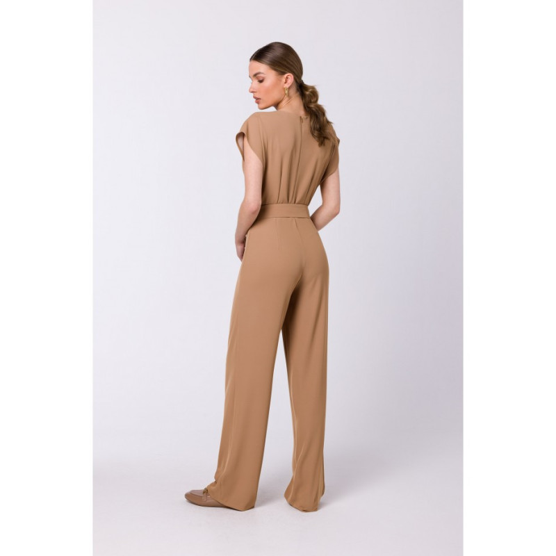 S339 Jumpsuit with slit in neckline - beige