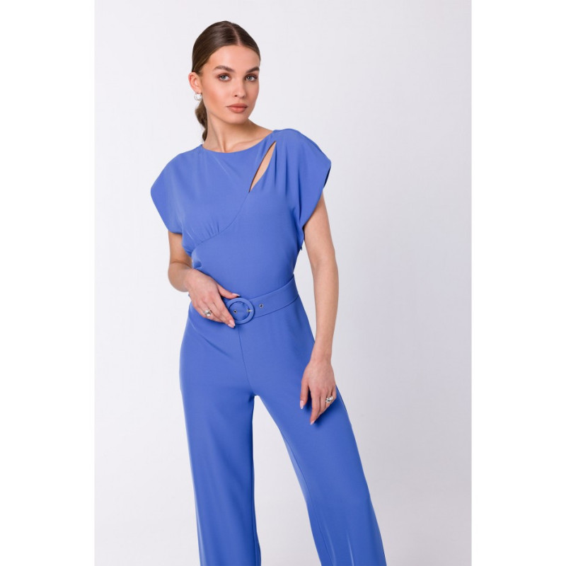 S339 Jumpsuit with slit in the neckline - blue