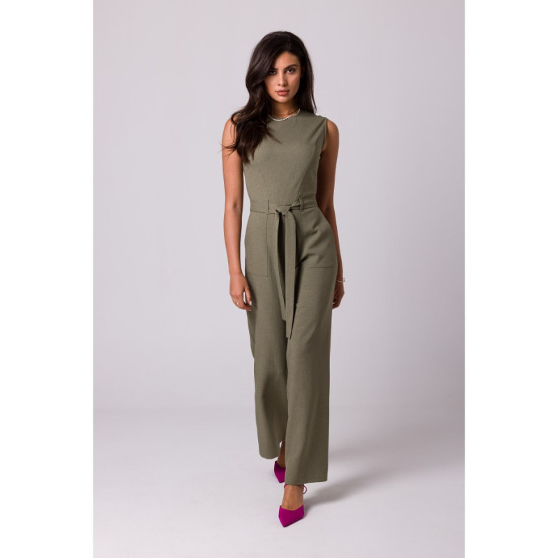 B256 Jumpsuit with patch pockets and belt - olive green