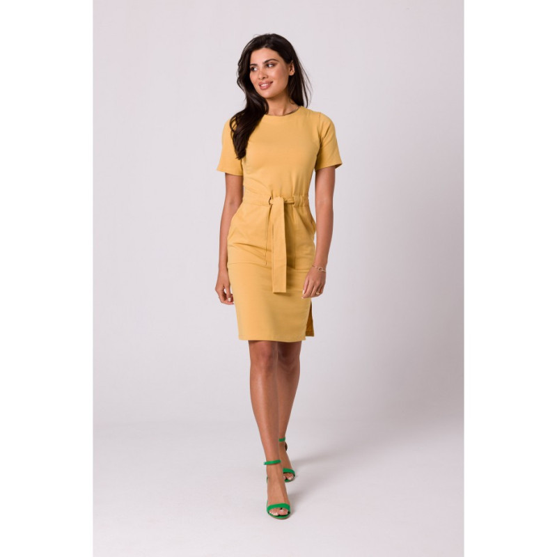 B263 Cotton dress with patch pockets - honey-colored