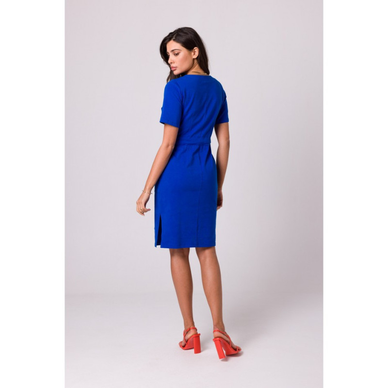 B263 Cotton dress with patch pockets - cornflower