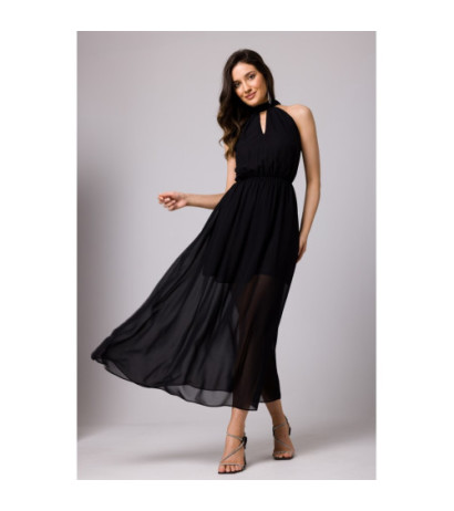 K169 Chiffon maxi dress tied around the neck - black