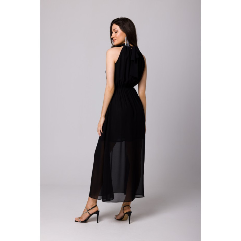 K169 Chiffon maxi dress tied around the neck - black