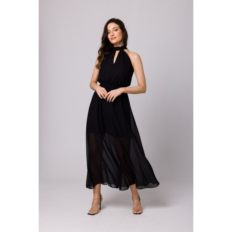 K169 Chiffon maxi dress tied around the neck - black