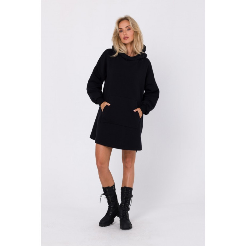 M762 Dress with hood and kangaroo pocket - black