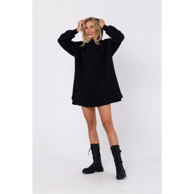 M762 Dress with hood and kangaroo pocket - black