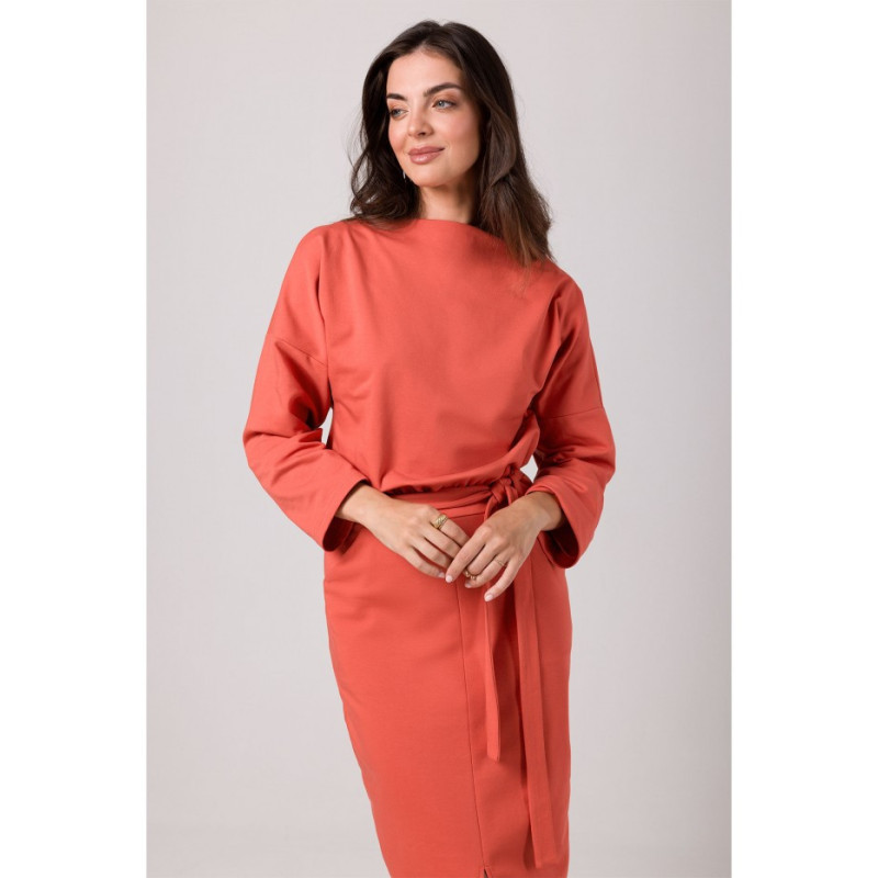 B269 Midi pencil dress with belt - brick-red