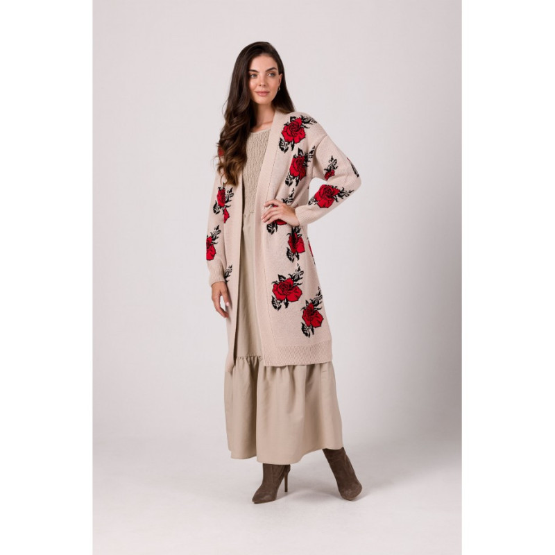 BK102 Long cardigan in roses - beige