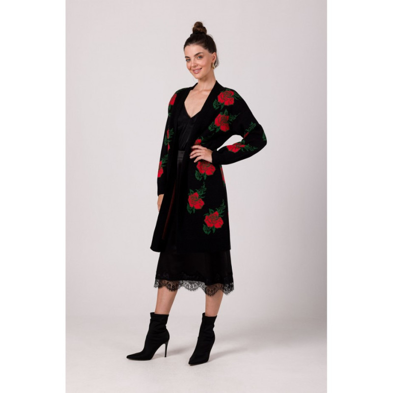 BK102 Long cardigan with roses - black