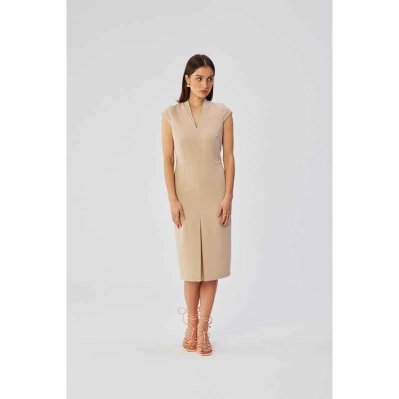 S359 Pencil dress with double neckline - beige