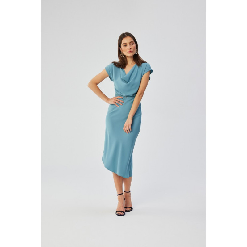 S362 Asymmetrical dress with water neckline - cold blue