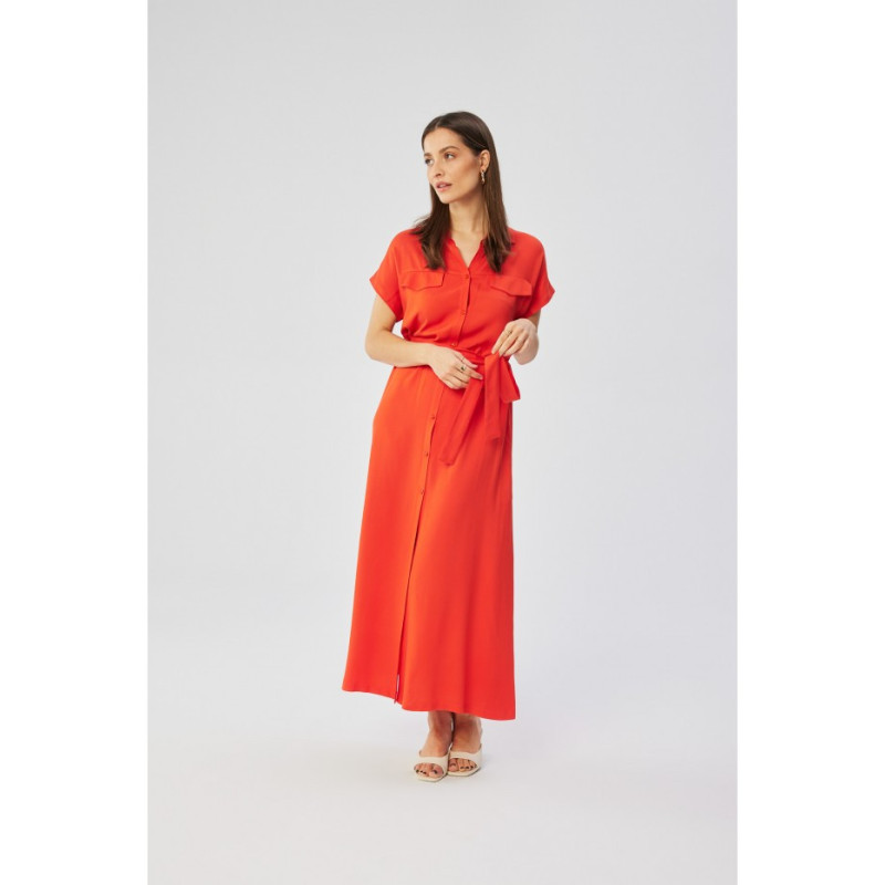 S364 Short-sleeved maxi spread dress - coral