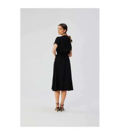 S366 Dress with stand-up collar and waist tie - black