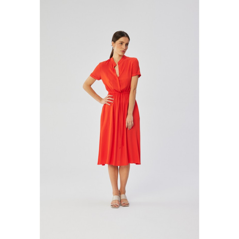 S366 Dress with stand-up collar and waist tie - coral