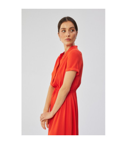 S366 Dress with stand-up collar and waist tie - coral