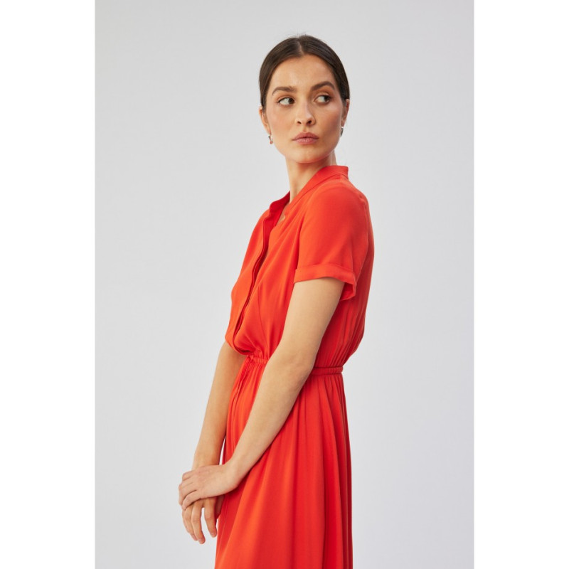 S366 Dress with stand-up collar and waist tie - coral