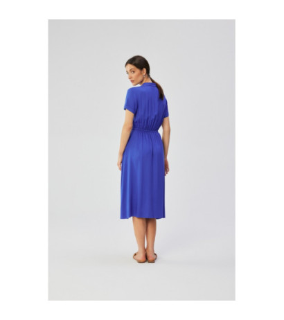 S366 Dress with stand-up collar and waist tie - blue