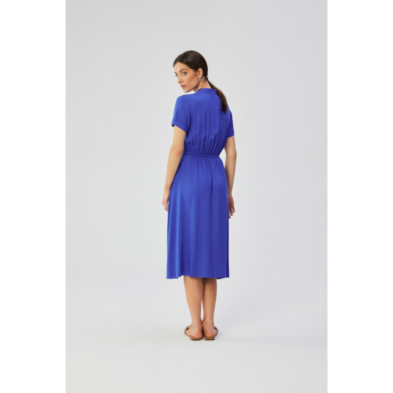 S366 Dress with stand-up collar and waist tie - blue