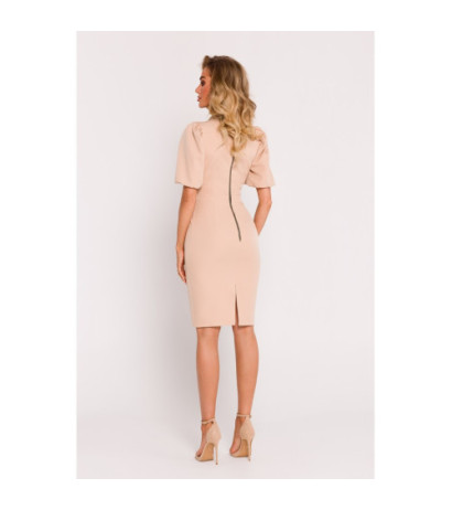 M779 Dress with neckline and heavily marked waist - beige