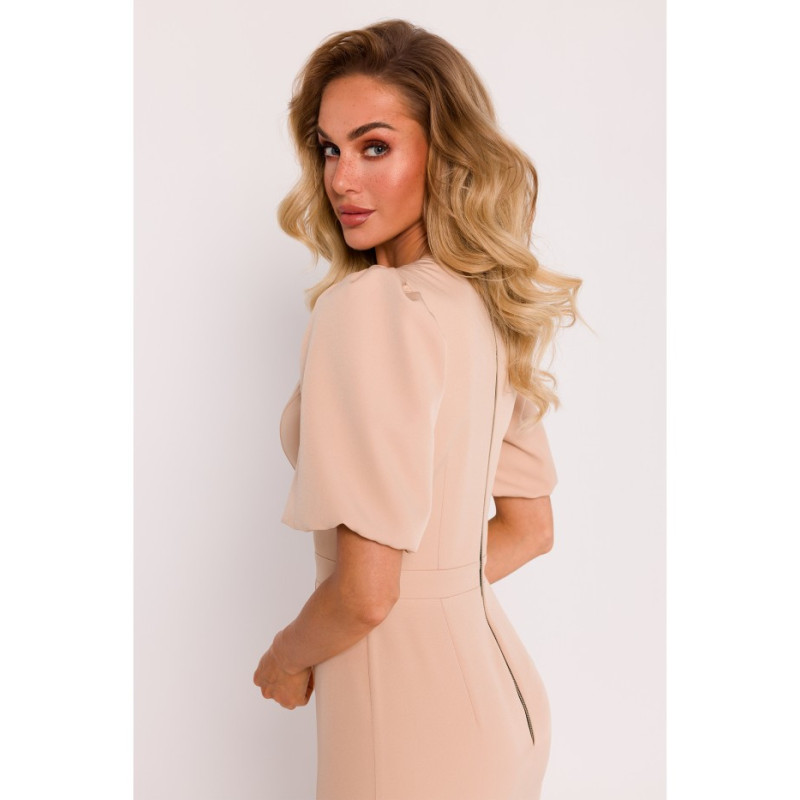 M779 Dress with neckline and heavily marked waist - beige