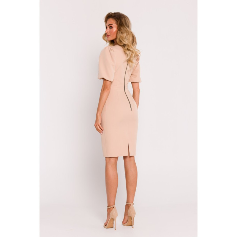 M779 Dress with neckline and heavily marked waist - beige