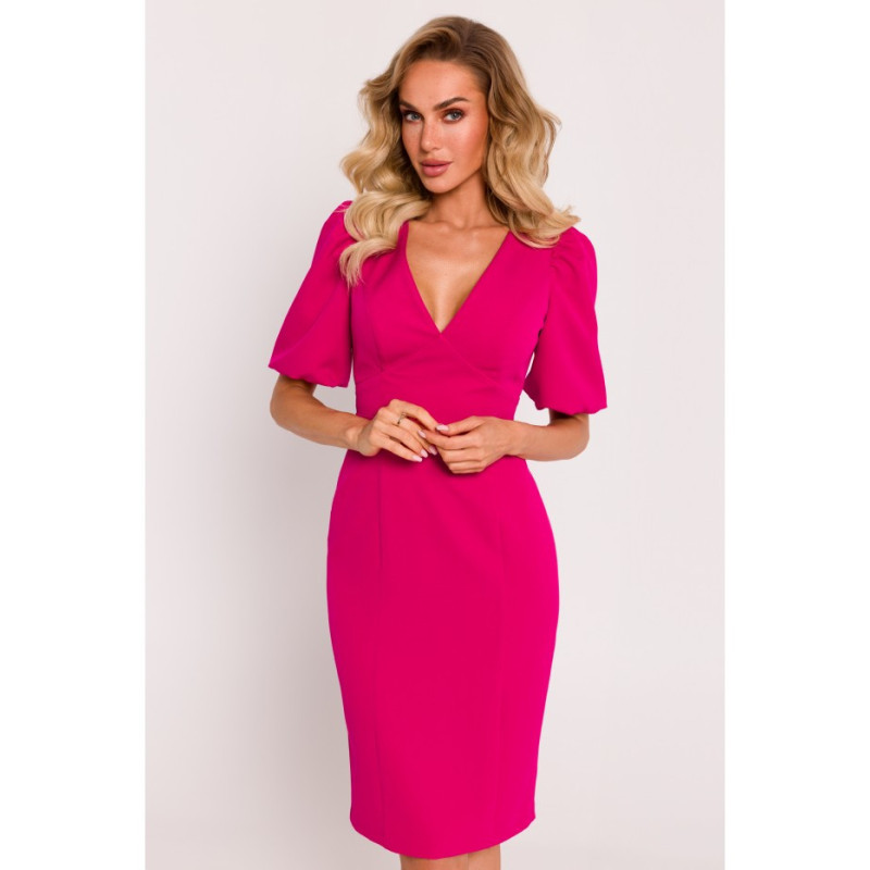 M779 Dress with neckline and heavily marked waist - fuchsia