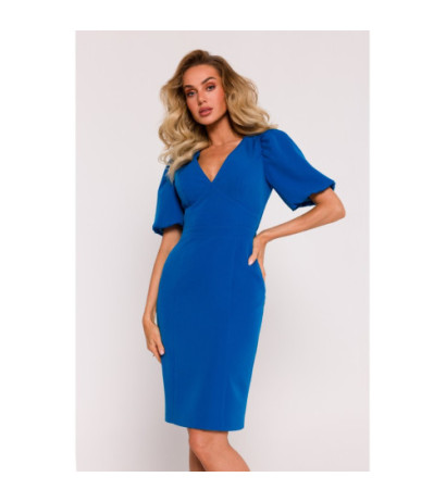 M779 Dress with neckline and heavily marked waist - blue