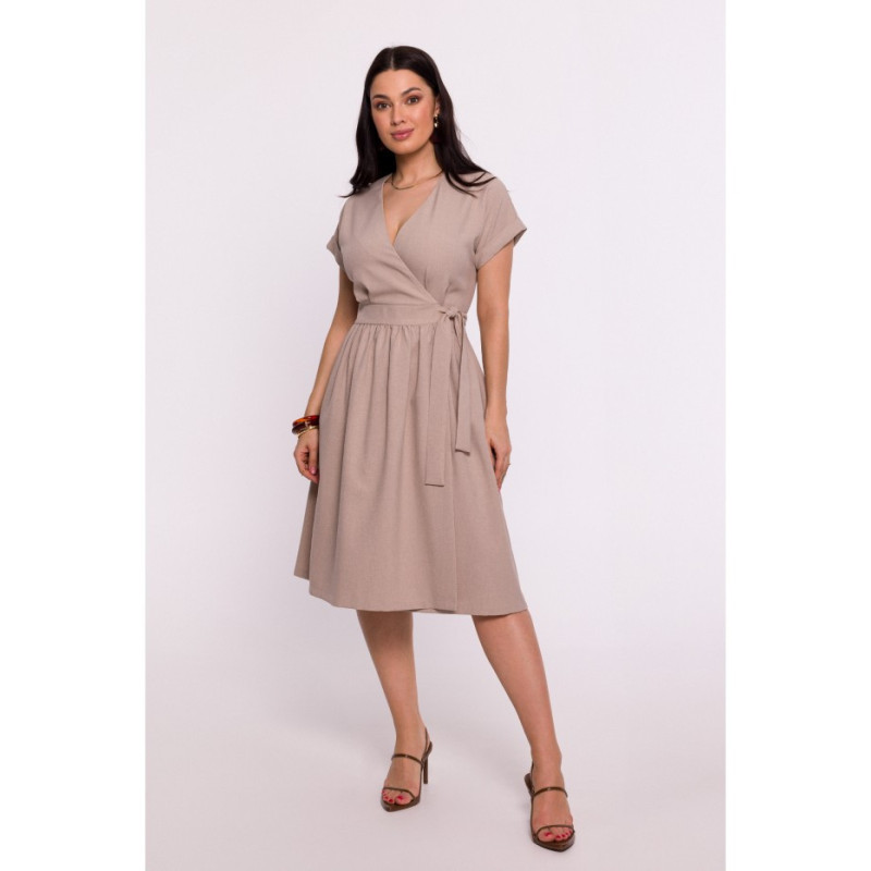 B279 Overlap dress with waist tie - beige