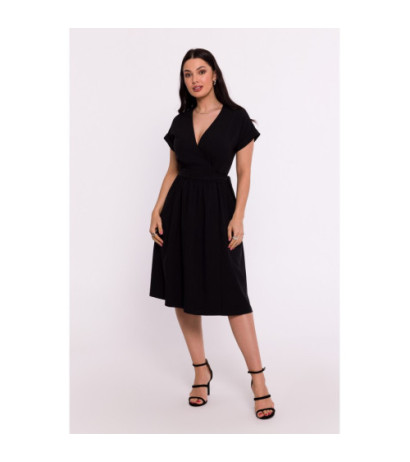 B279 Overlap dress with waist tie - black