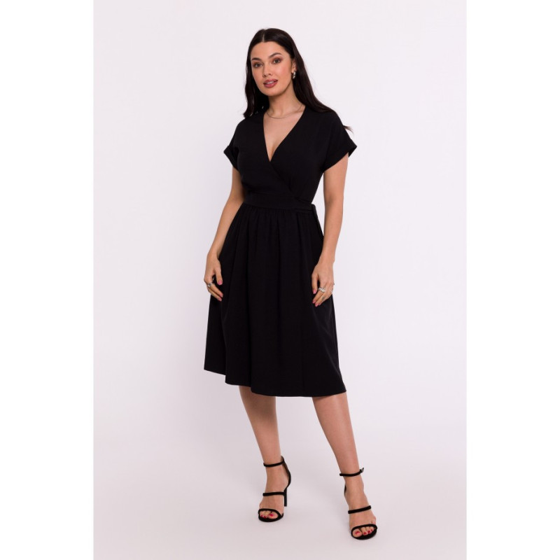 B279 Overlap dress with waist tie - black