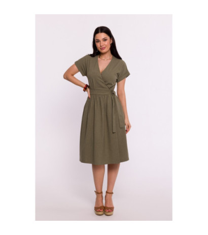 B279 Overlap dress with waist tie - olive green