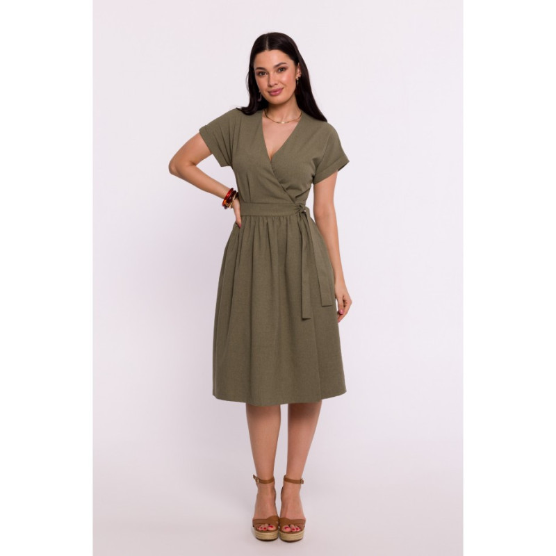 B279 Overlap dress with waist tie - olive green