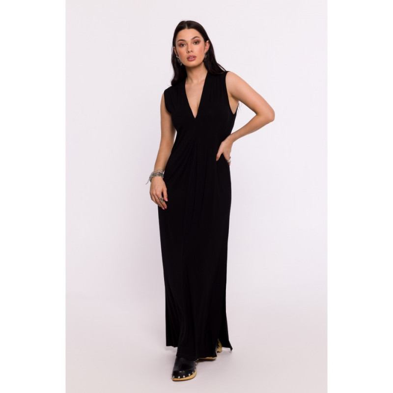 B284 Viscose maxi dress with overlap - black