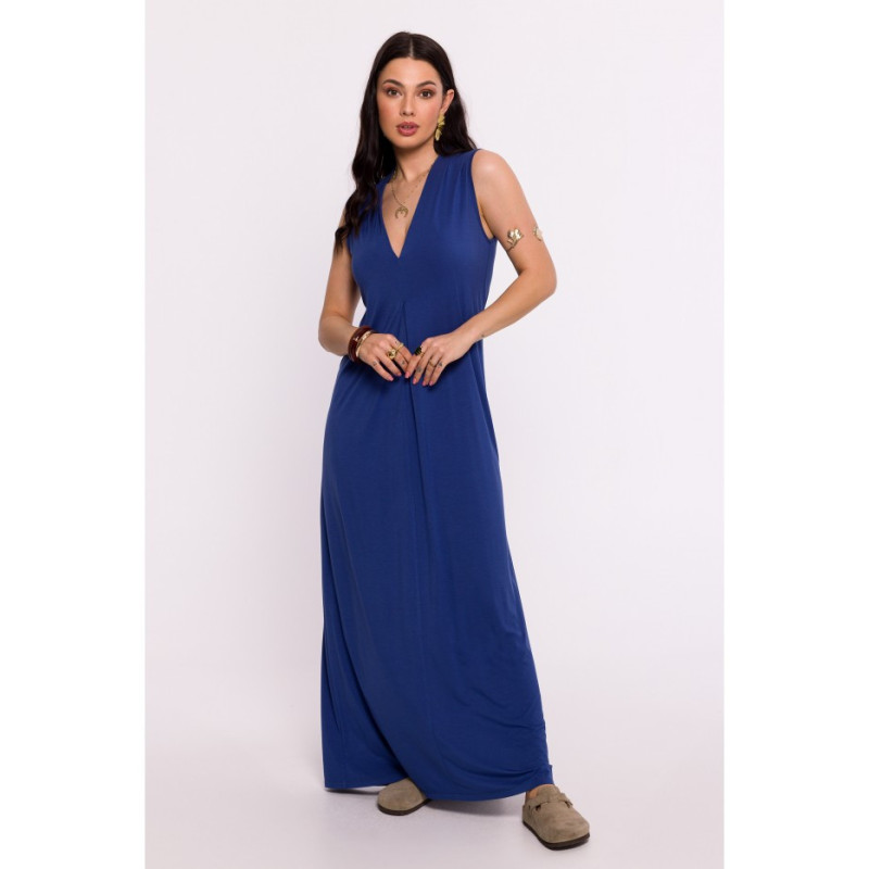 B284 Viscose maxi dress with overlap - blue