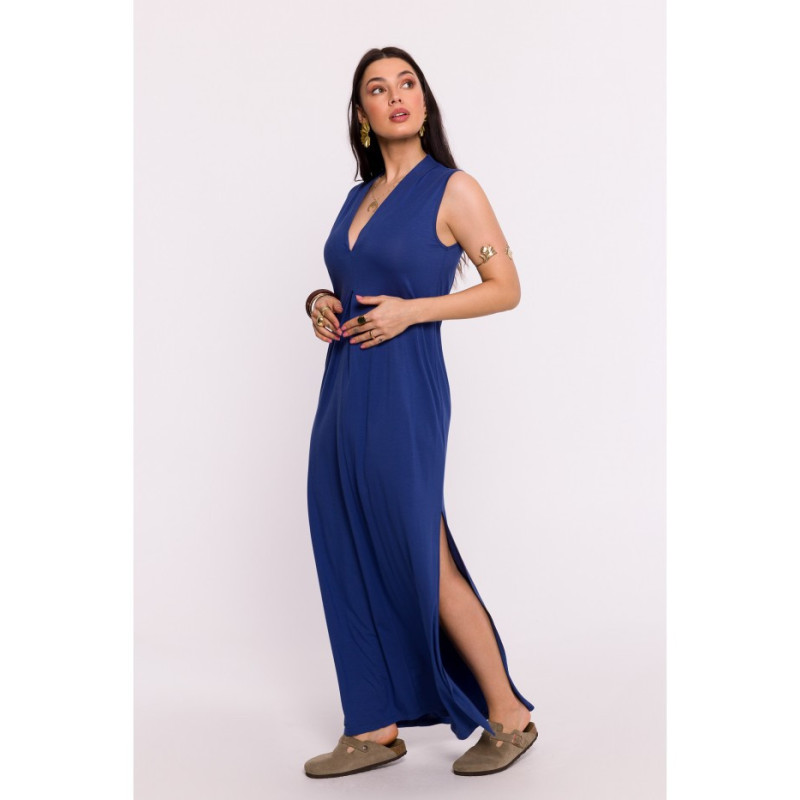 B284 Viscose maxi dress with overlap - blue