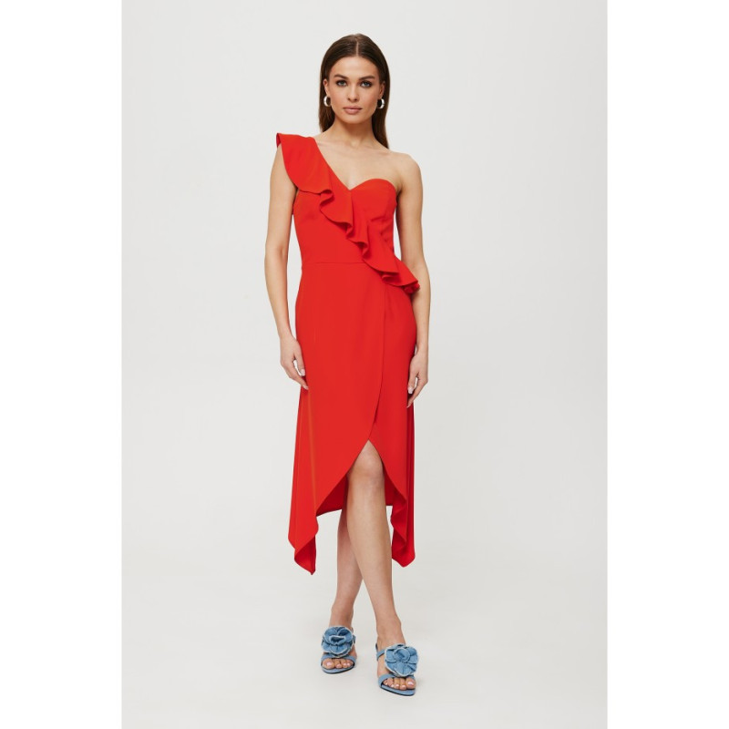 K185 One shoulder ruffle dress - coral