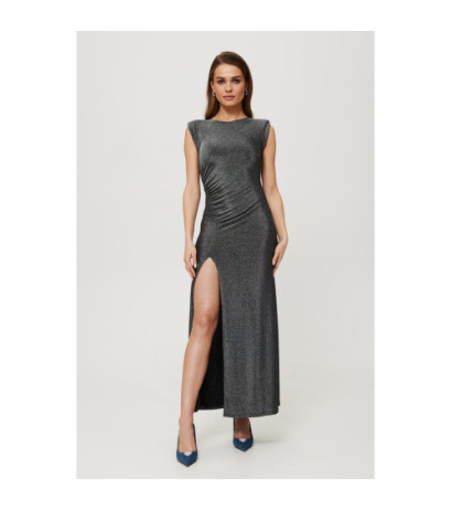 K186 Metallic maxi dress with cushions and pleats - silver